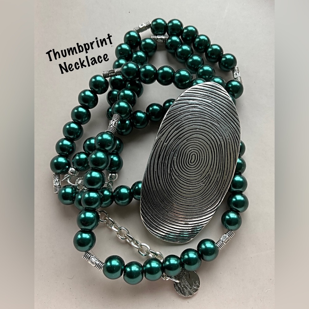 SALE…Thumbprint Necklace Long. Teal Pearl Beads Necklace. Perfect Accent Jewelry